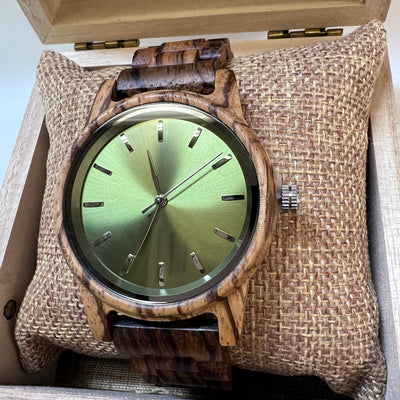 Arden VIII Zebrawood watch detail shot