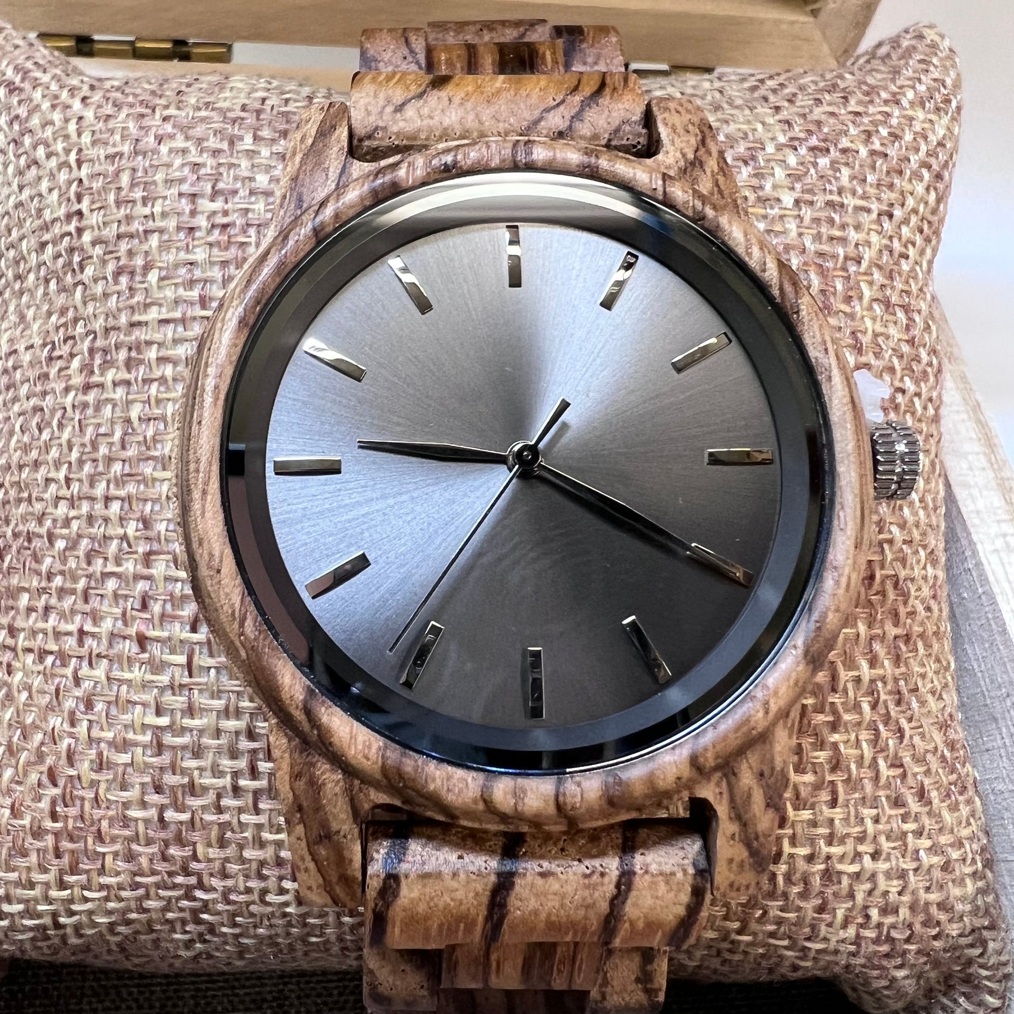 Arden VII Zebrawood wooden watch detail shot