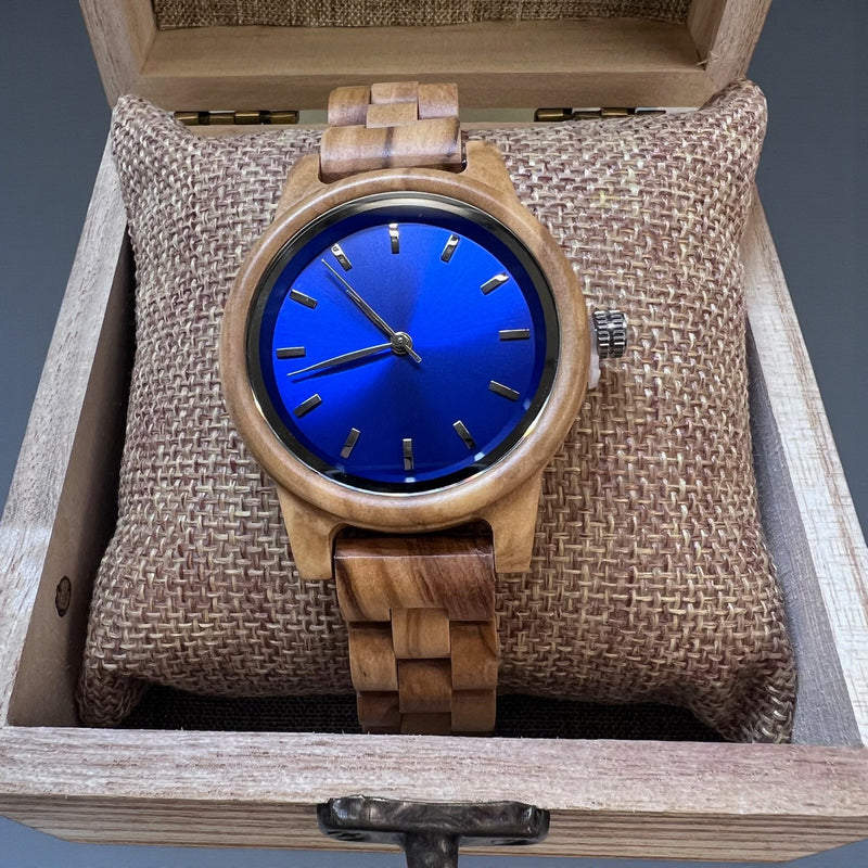 Arden IX Zebrawood women's wooden watch with blue dial