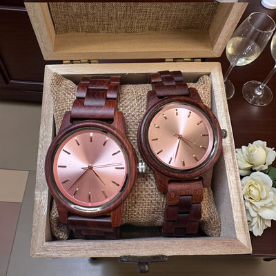 Arden couples watch set detail - premium Zebrawood construction