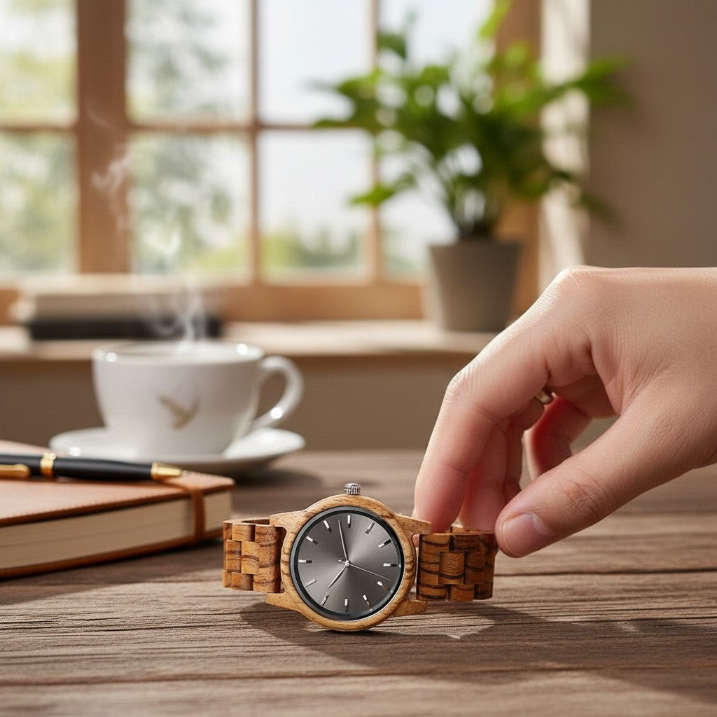 Arden VII Zebrawood watch close-up showing natural wood grain