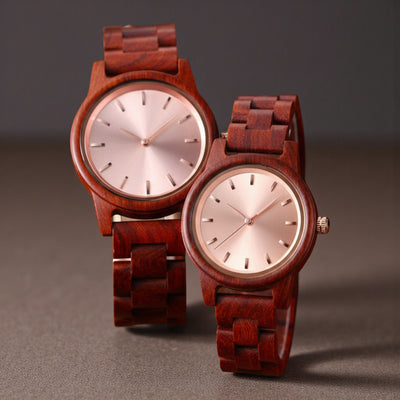 Pink dial Arden couples wooden watches - his and hers Red Sandalwood matching set