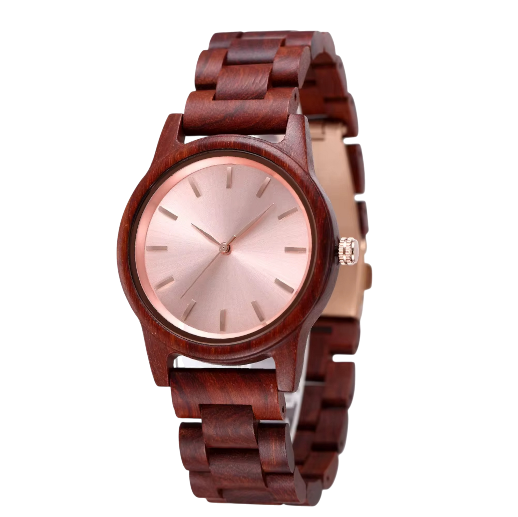 Wooden watch with rose gold face and band on white background