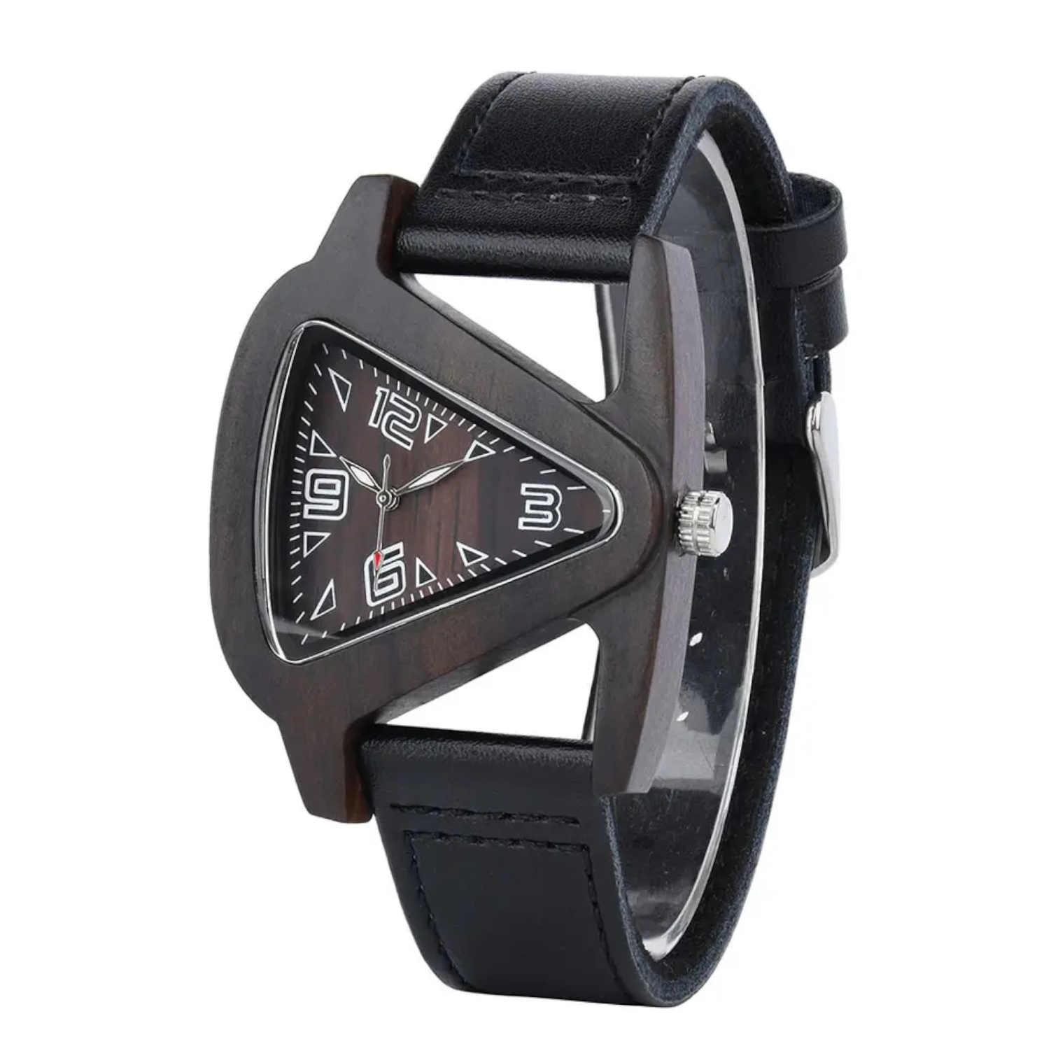 Black wristwatch with a unique triangular face