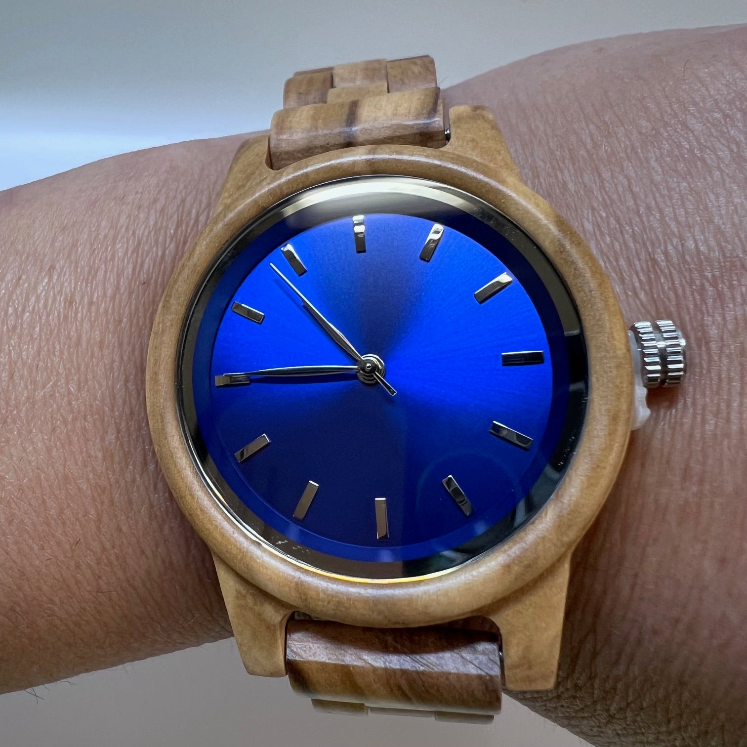 Arden IX Zebrawood women's watch close-up showing natural wood grain