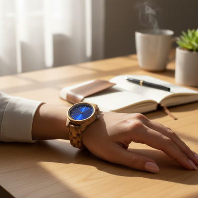 Woman wearing Arden IX blue dial Zebrawood watch