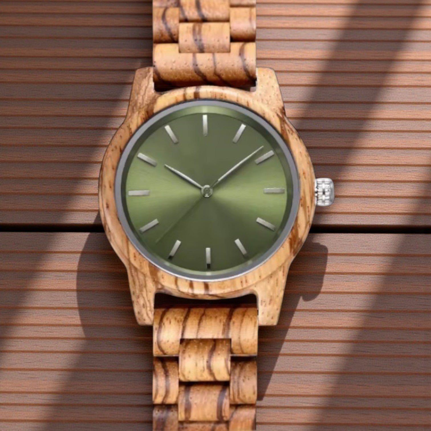 Arden VIII Zebrawood men's wooden watch with green dial