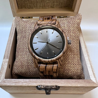 Arden VII Zebrawood watch back view with engraving area