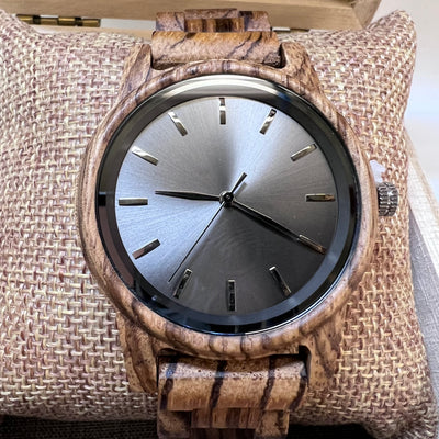 Arden VII Zebrawood wooden watch detail shot