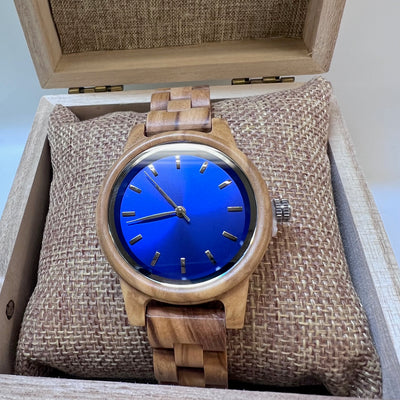 Arden IX Zebrawood watch back view with engraving area