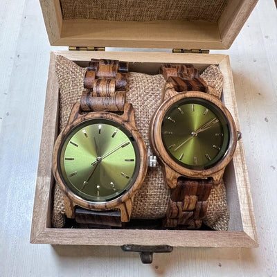 Close-up detail of Arden wooden watch dial and band craftsmanship