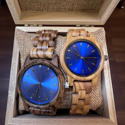 His and hers Arden wooden watch set - close-up of dial and band