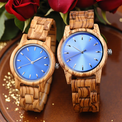 Blue dial Arden couples wooden watches - his and hers Zebrawood matching set